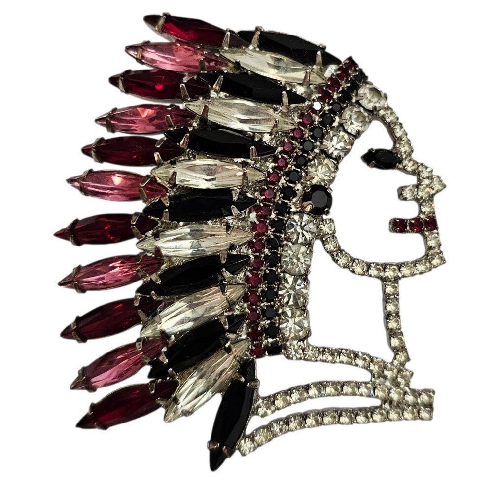 Nancy Katz Tribal Chief Native American Vintage Brooch Rhinestone Pin, Signed